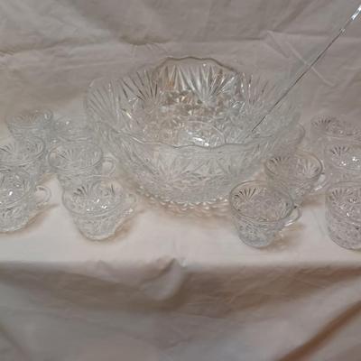 Cut Glass Punch Bowl With 12 Cups and Ladle