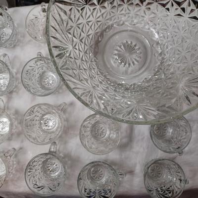 Cut Glass Punch Bowl With 12 Cups and Ladle