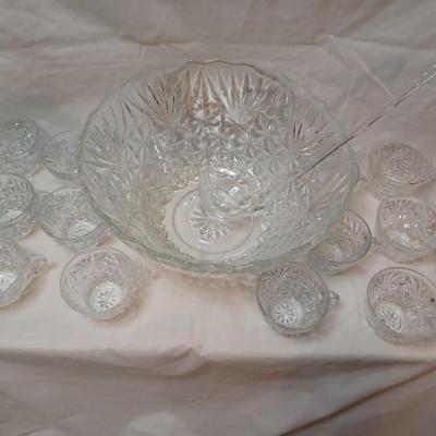 Cut Glass Punch Bowl With 12 Cups and Ladle
