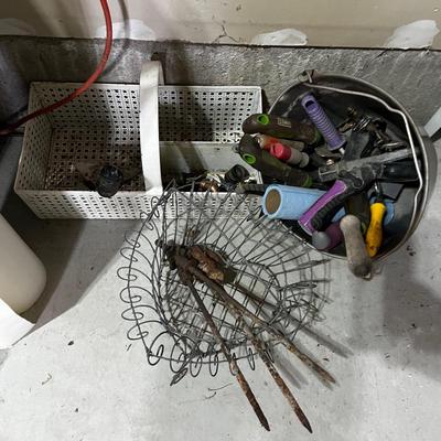 Garage Baskets, Buckets and Totes Plus Yard Hand Tools 