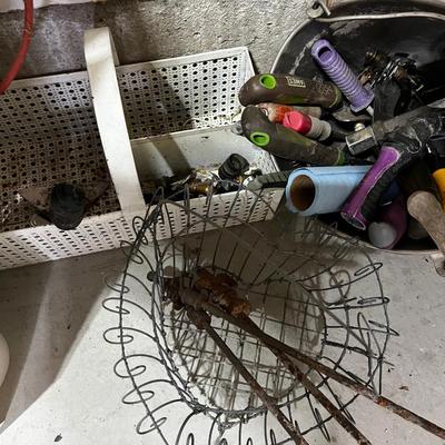 Garage Baskets, Buckets and Totes Plus Yard Hand Tools 