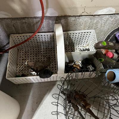 Garage Baskets, Buckets and Totes Plus Yard Hand Tools 