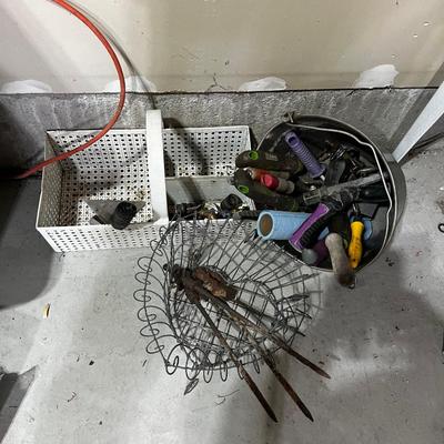 Garage Baskets, Buckets and Totes Plus Yard Hand Tools 