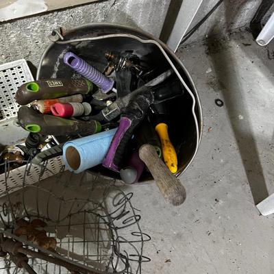 Garage Baskets, Buckets and Totes Plus Yard Hand Tools 
