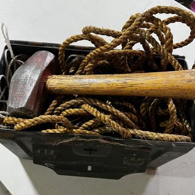 Garage: Tent Pegs ,,Rope and a Hammer in an old AMMO Box
