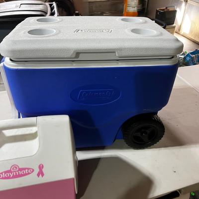Garage 1 Coleman Cooler with Wheels and Handle Blue. Plus Play Mate PINK( inside)
