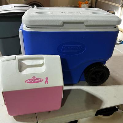 Garage 1 Coleman Cooler with Wheels and Handle Blue. Plus Play Mate PINK( inside)