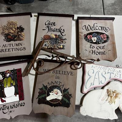 Garage: Season and Holiday Wood Plaques (6) Plus Iron Hanger