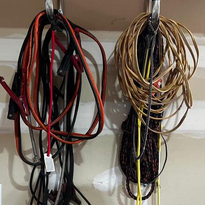 Garage Jumper Cable, Wire, Extension Cords (2 Piles Hanging up) 