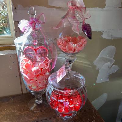 3 Glass Covered Jars. With Valentines in them