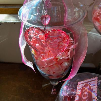 3 Glass Covered Jars. With Valentines in them