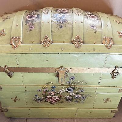 Antique Hand Painted (Green) Steamer Trunk