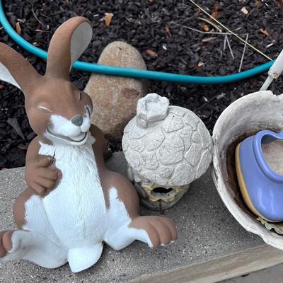 Pile of Yard ART: Rabbit, Faucet Planter, Bird House