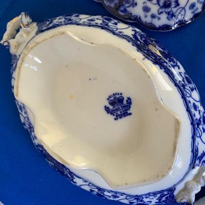 Early Antique Flow Blue Lot Large Platter Covered Serving Dish +++