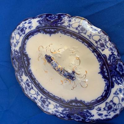 Early Antique Flow Blue Lot Large Platter Covered Serving Dish +++