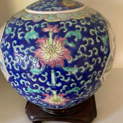 Large Asian Ginger Jar On Wood Base