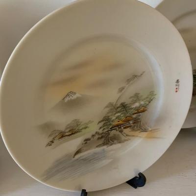 FOUR Signed Hand Painted Japan Scenes Mount Fuji 7â€ Plates w/ Stands