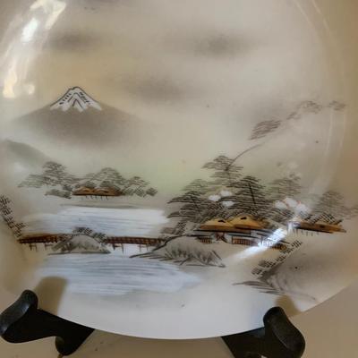 FOUR Signed Hand Painted Japan Scenes Mount Fuji 7â€ Plates w/ Stands