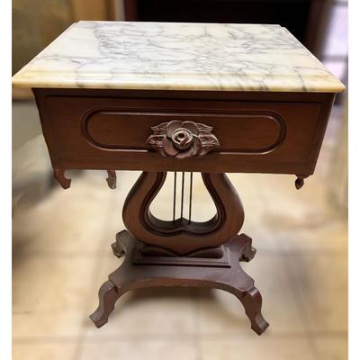 Antique Mahogany Marble Top Harp Side Table