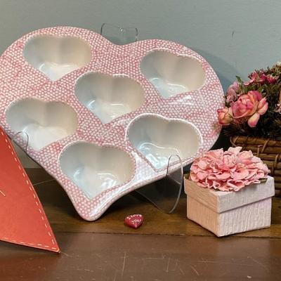 Valentine's Day Lot - Ceramic Muffin Pan, Candleholder, Pretty Box, Basket of Flowers, & More