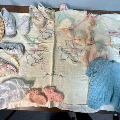 VIntage Baby Doll Clothes - Blanket, Bib, 2 Tops, Hats, Booties, & Shoes