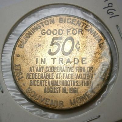 1961 Bennington Vermont Bicentennial Souvenir 50 Cent Brass Trade Token