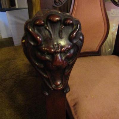 Antique Solid Wood Carved Figural Chair with Upholstered Seat and Back