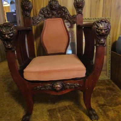 Antique Solid Wood Carved Figural Chair with Upholstered Seat and Back
