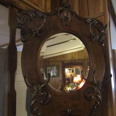 Antique Solid Wood Hall Tree with Mirror and Storage Seat