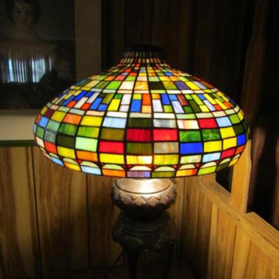 Antique Large, Impressive Stained Glass Lamp with Heavy Metal Base- Approx 33
