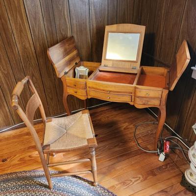 Vintage Exotic Wood Vanity & Chair  36x19x29 (57" w sides open)