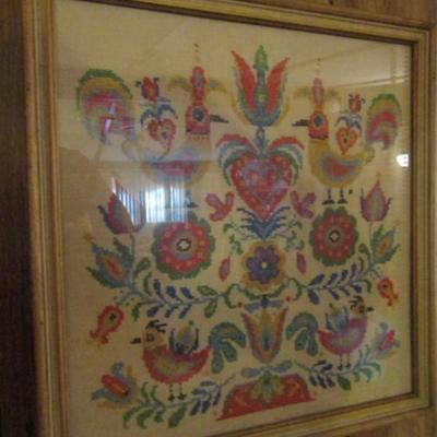 Hand Created Needlework- Framed Under Glass- Approx 17