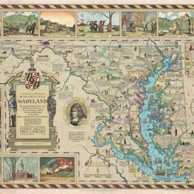 Antique Framed Historical & Literary Map of the Old Line State of Maryland