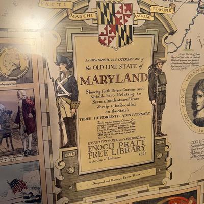 Antique Framed Historical & Literary Map of the Old Line State of Maryland