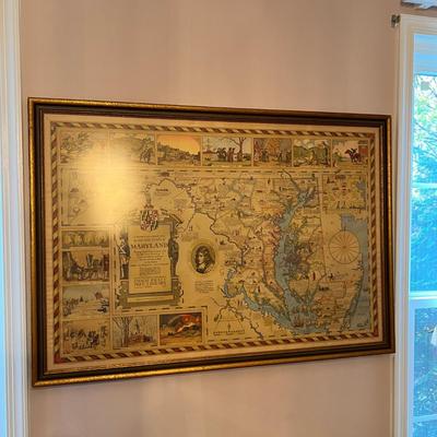 Antique Framed Historical & Literary Map of the Old Line State of Maryland