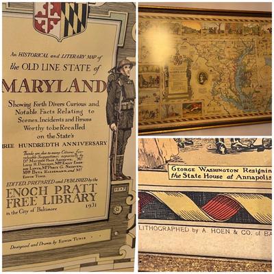 Antique Framed Historical & Literary Map of the Old Line State of Maryland