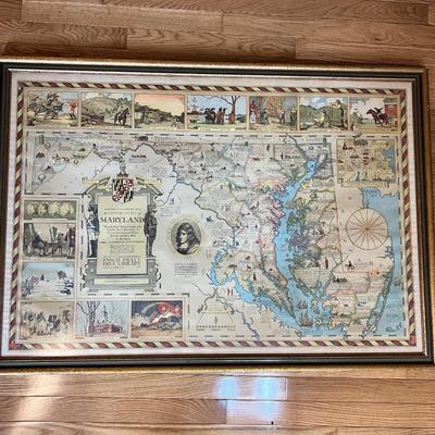 Antique Framed Historical & Literary Map of the Old Line State of Maryland