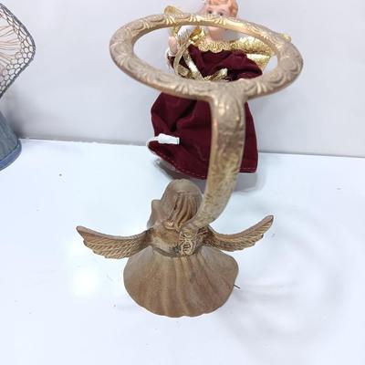 Brass Angel candle holder - Angel with a light - Angel doll - and corn husk Angel