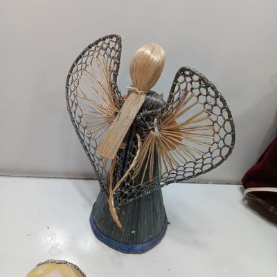 Brass Angel candle holder - Angel with a light - Angel doll - and corn husk Angel