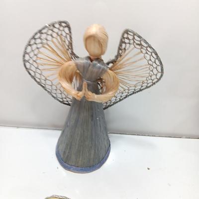 Brass Angel candle holder - Angel with a light - Angel doll - and corn husk Angel