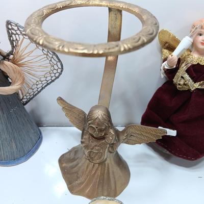 Brass Angel candle holder - Angel with a light - Angel doll - and corn husk Angel