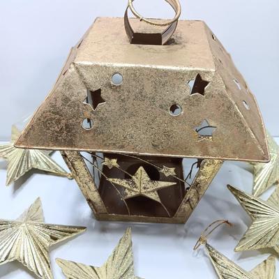 Tin Star themed candle lantern with glittery vintage plastic star ornaments