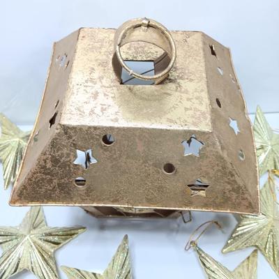 Tin Star themed candle lantern with glittery vintage plastic star ornaments