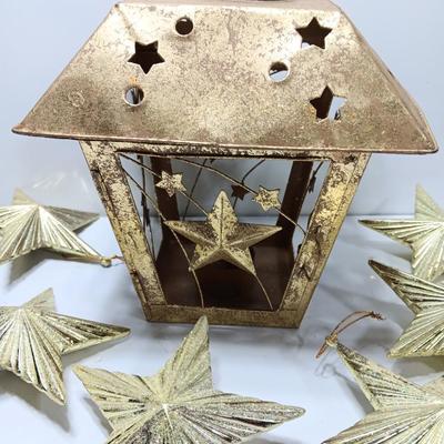 Tin Star themed candle lantern with glittery vintage plastic star ornaments