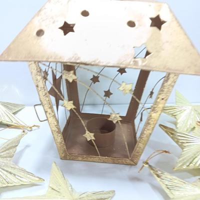 Tin Star themed candle lantern with glittery vintage plastic star ornaments