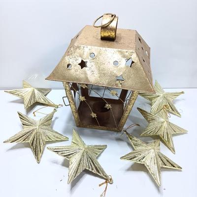 Tin Star themed candle lantern with glittery vintage plastic star ornaments