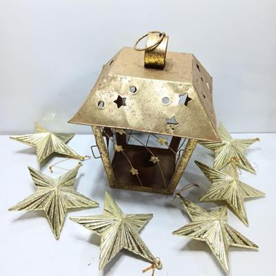 Tin Star themed candle lantern with glittery vintage plastic star ornaments