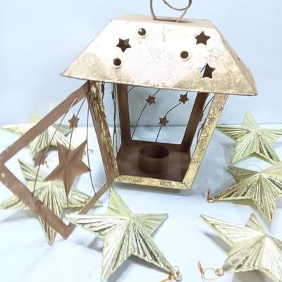 Tin Star themed candle lantern with glittery vintage plastic star ornaments