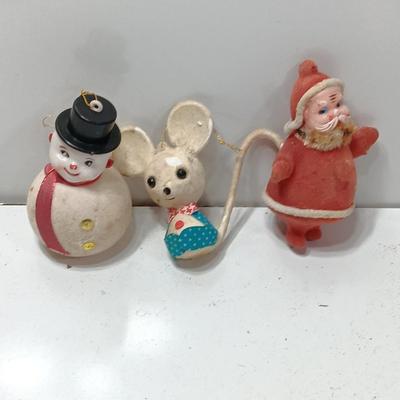 Three vintage felt ornaments - Snowman. - Mouse, and Santa