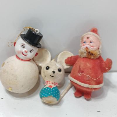 Three vintage felt ornaments - Snowman. - Mouse, and Santa